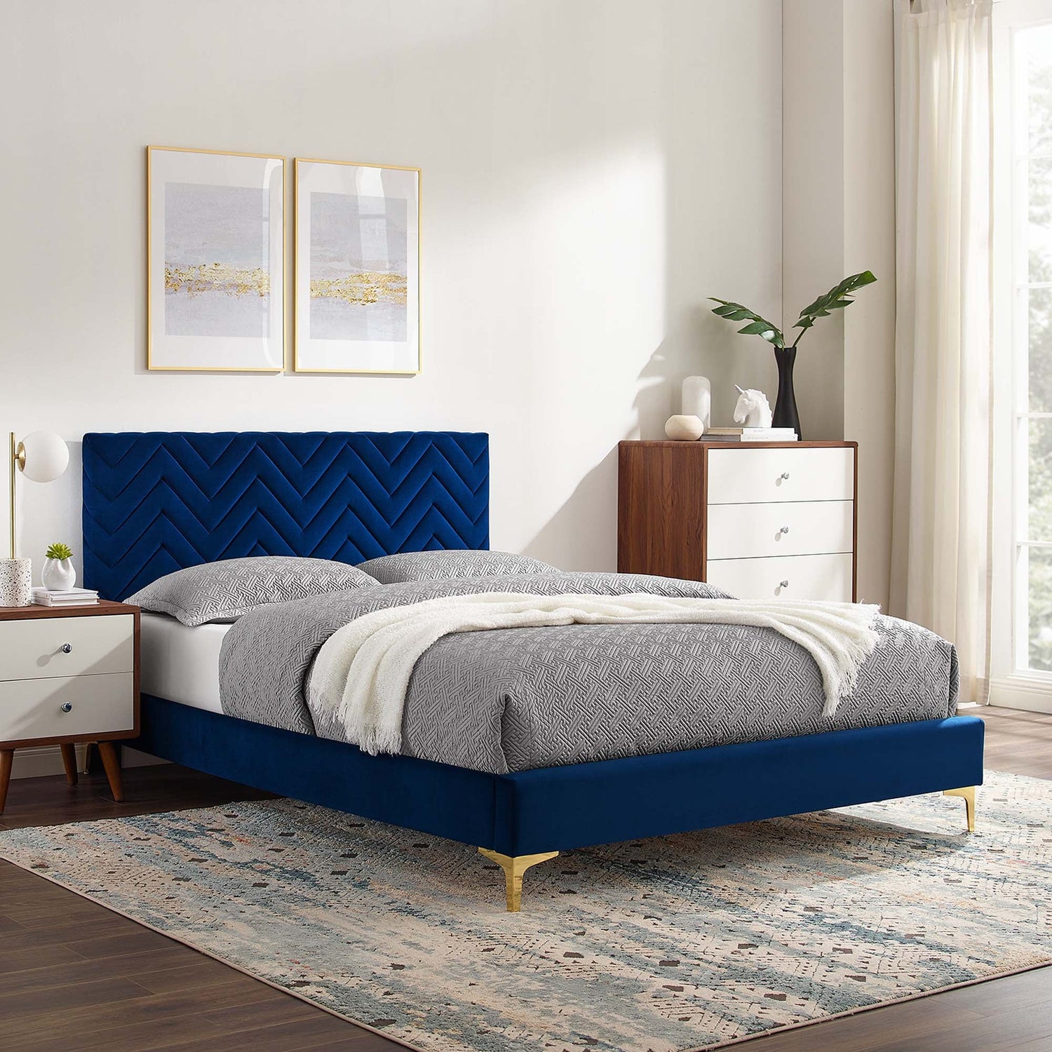 Leah Chevron Tufted Performance Velvet Platform Bed With Gold Metal Legs by Modway