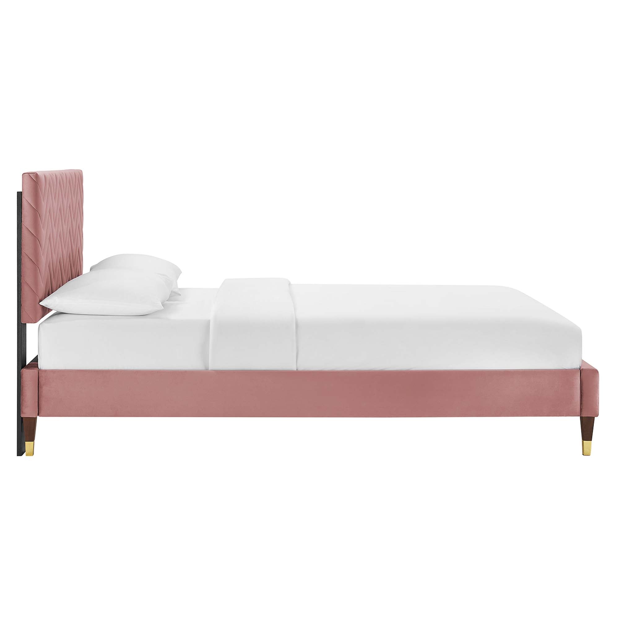 Leah Chevron Tufted Performance Velvet Platform Bed With Wood and Gold Legs by Modway