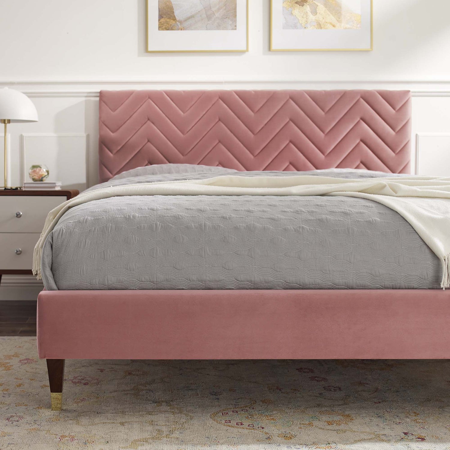 Leah Chevron Tufted Performance Velvet Platform Bed With Wood and Gold Legs by Modway