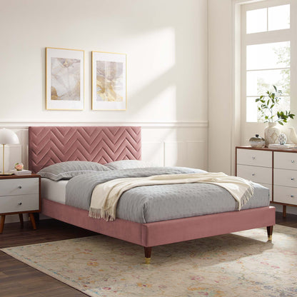 Leah Chevron Tufted Performance Velvet Platform Bed With Wood and Gold Legs by Modway