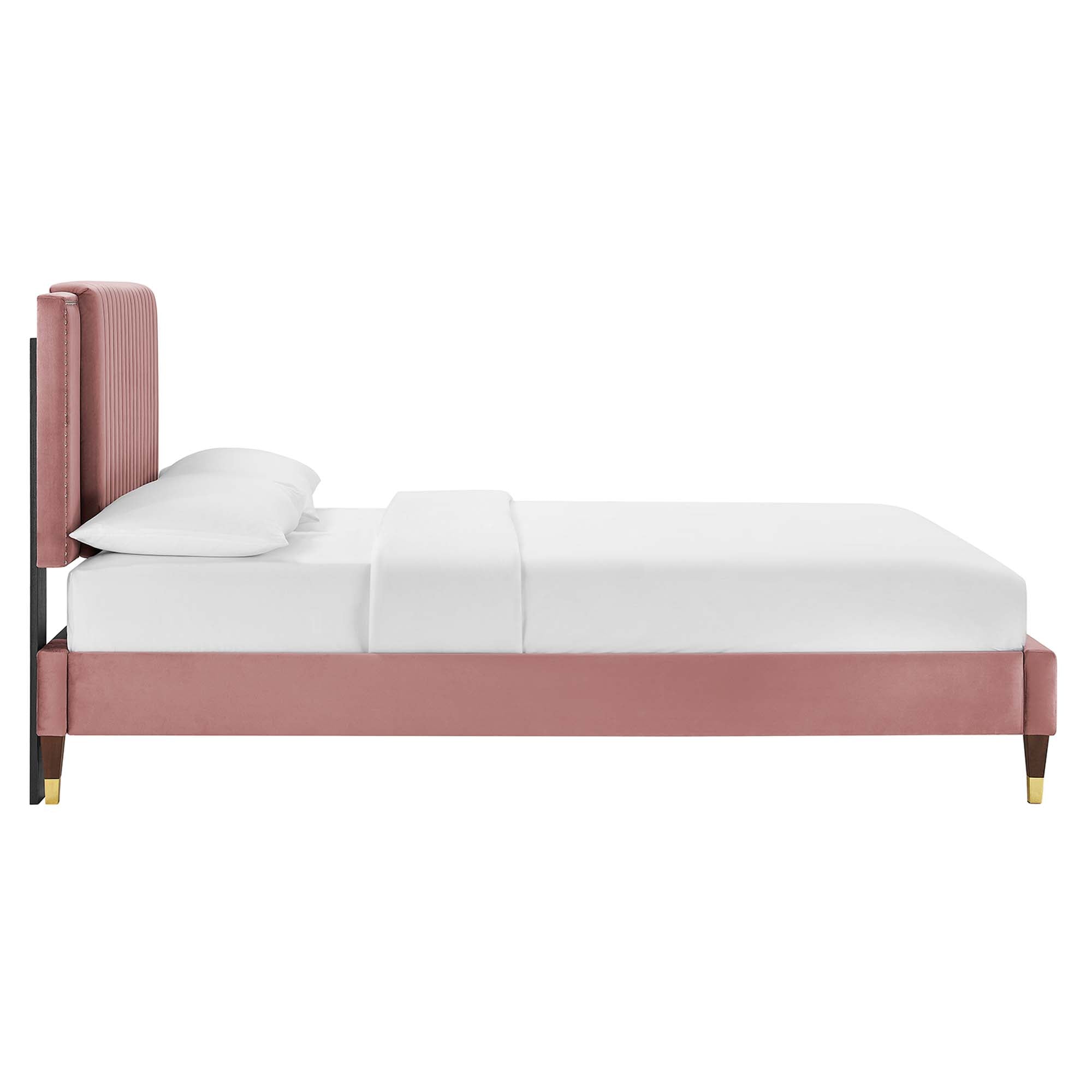 Zahra Channel Tufted Performance Velvet Platform Bed With Wood and Gold Legs by Modway