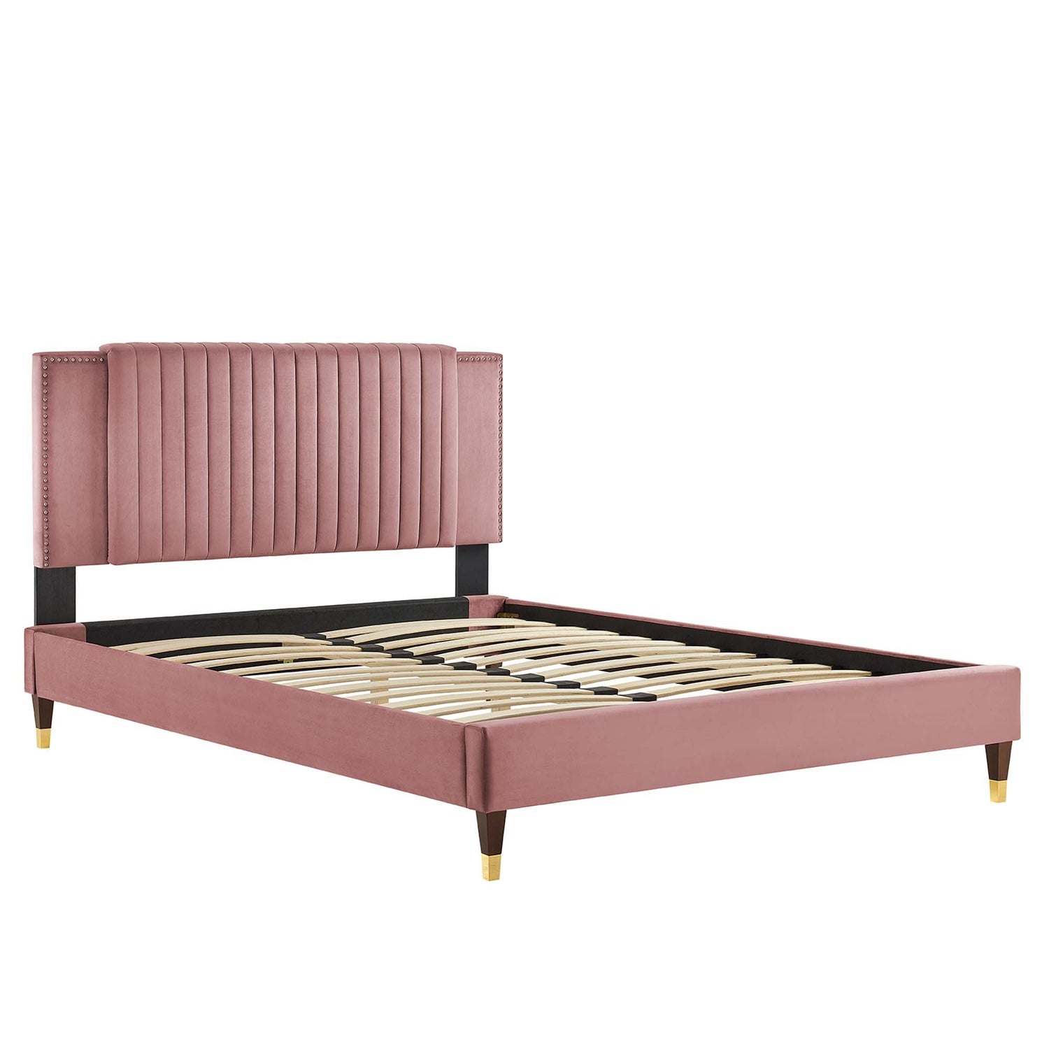 Zahra Channel Tufted Performance Velvet Platform Bed With Wood and Gold Legs by Modway