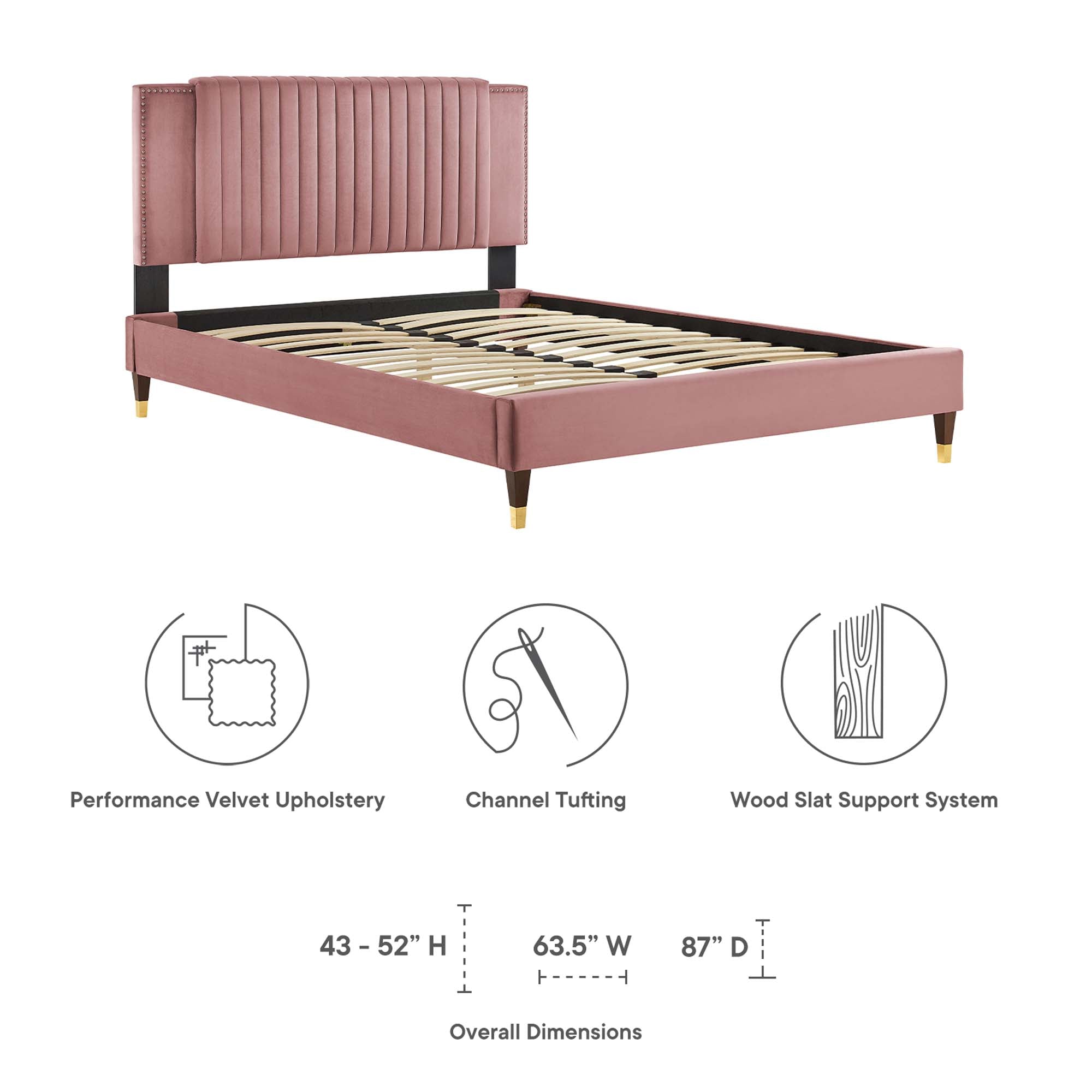 Zahra Channel Tufted Performance Velvet Platform Bed With Wood and Gold Legs by Modway