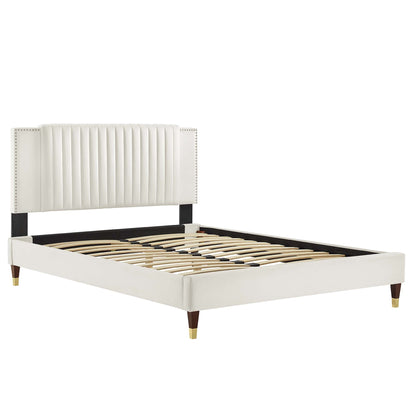 Zahra Channel Tufted Performance Velvet Platform Bed With Wood and Gold Legs by Modway