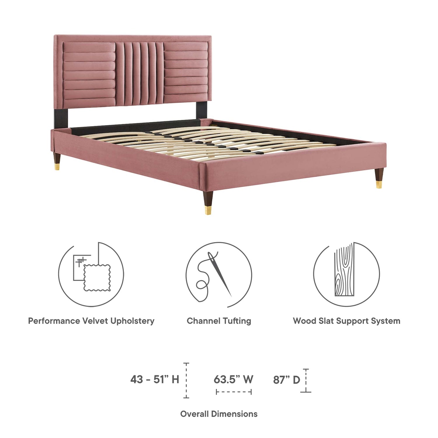 Sofia Channel Tufted Performance Velvet Platform Bed With Wood and Gold Legs by Modway