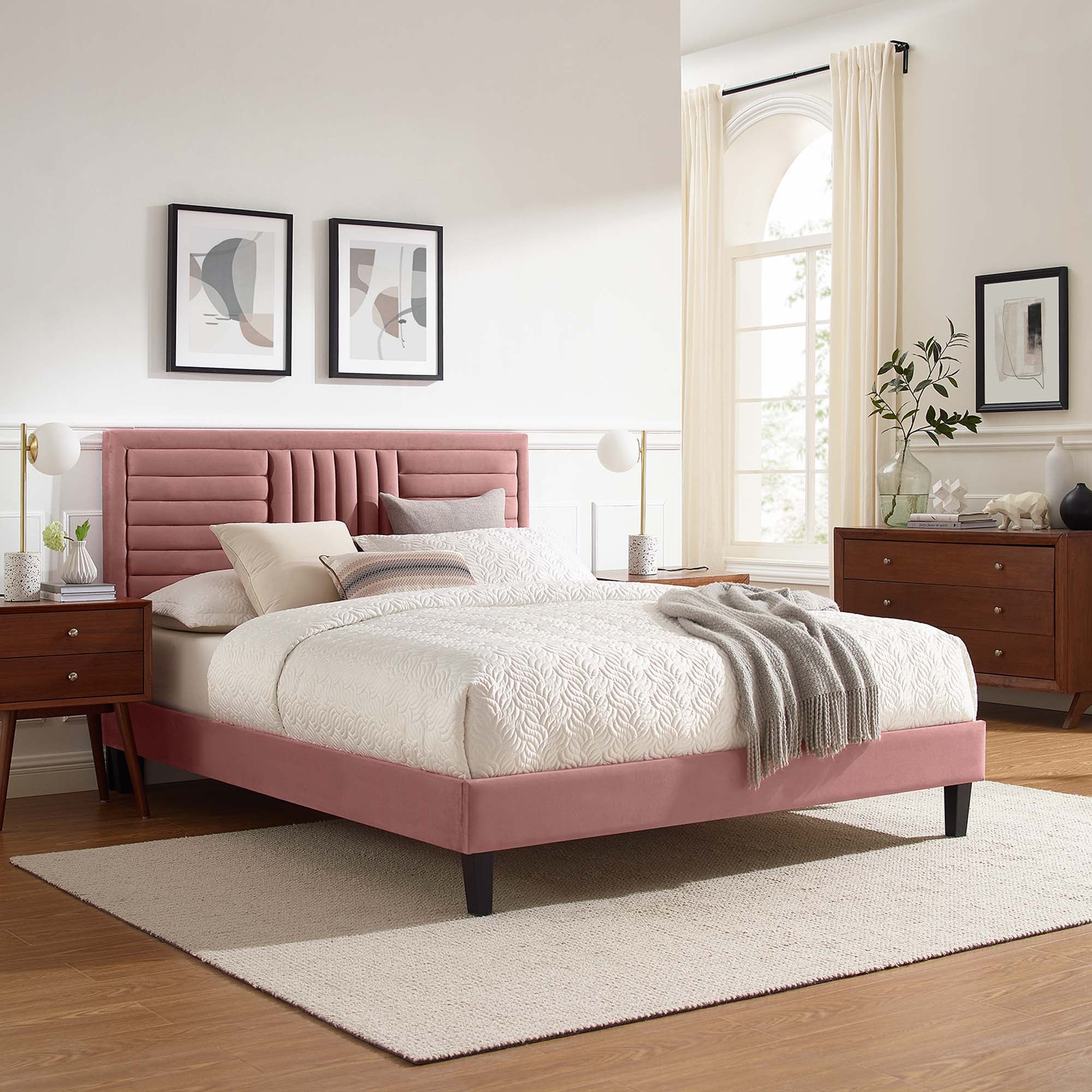 Sofia Channel Tufted Performance Velvet Platform Bed With Black Wood Legs by Modway