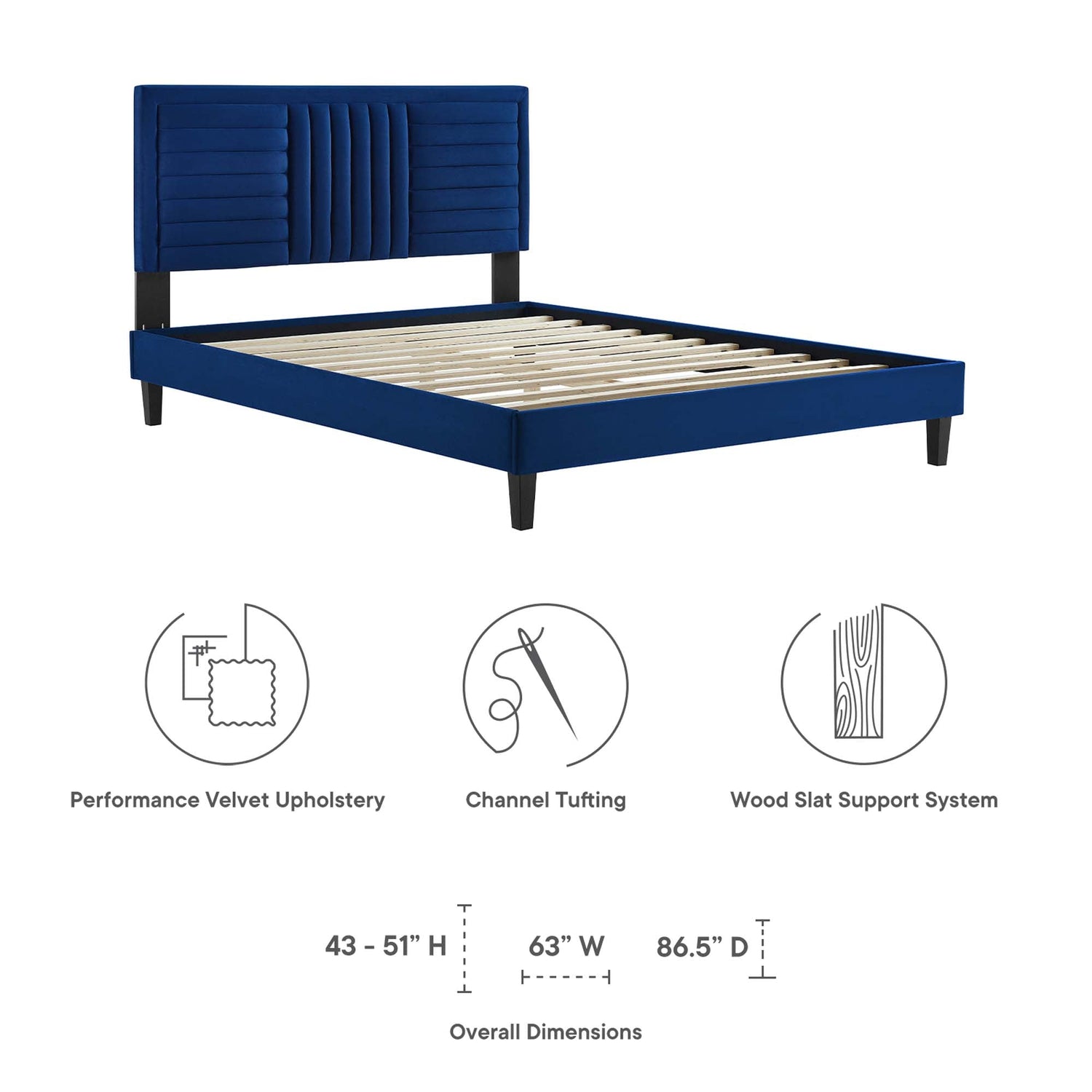 Sofia Channel Tufted Performance Velvet Platform Bed With Black Wood Legs by Modway