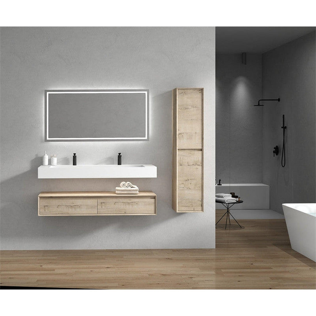 Aria 60&quot; Light Oak Floating Vanity With Double Faucet Holes and Reinforced White Acrylic Sink