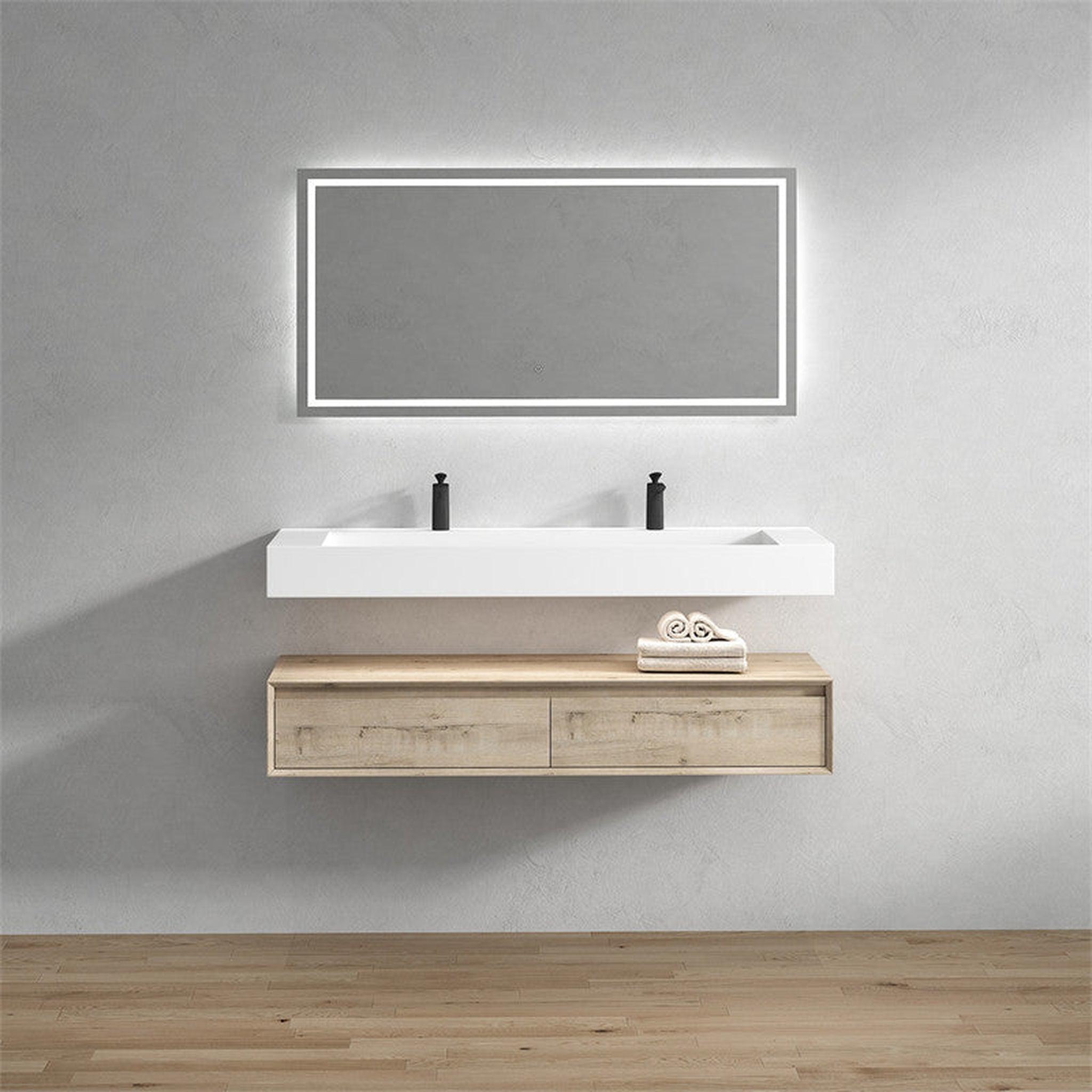 Aria 60&quot; Light Oak Floating Vanity With Double Faucet Holes and Reinforced White Acrylic Sink