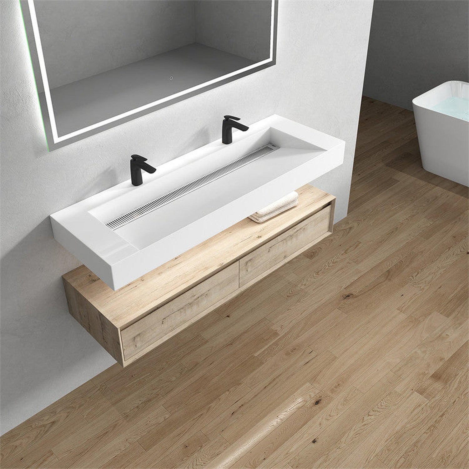 Aria 60&quot; Light Oak Floating Vanity With Double Faucet Holes and Reinforced White Acrylic Sink