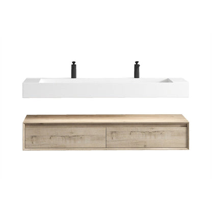 Aria 60&quot; Light Oak Floating Vanity With Double Faucet Holes and Reinforced White Acrylic Sink