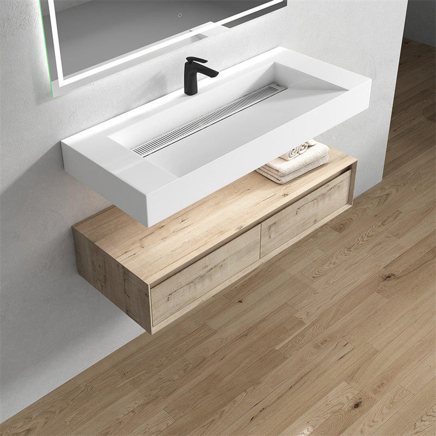 Aria 60&quot; Light Oak Floating Vanity With Single Faucet Hole and Reinforced White Acrylic Sink