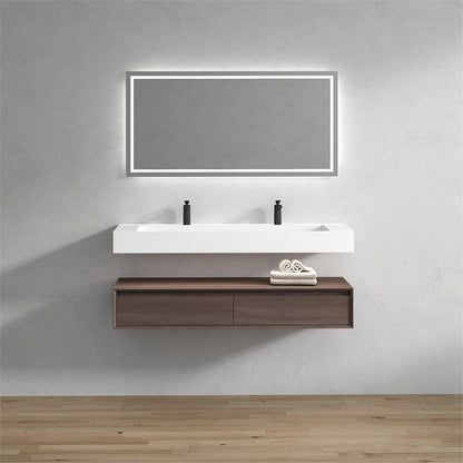 Aria 60&quot; Red Oak Floating Vanity With Double Faucet Holes and Reinforced White Acrylic Sink