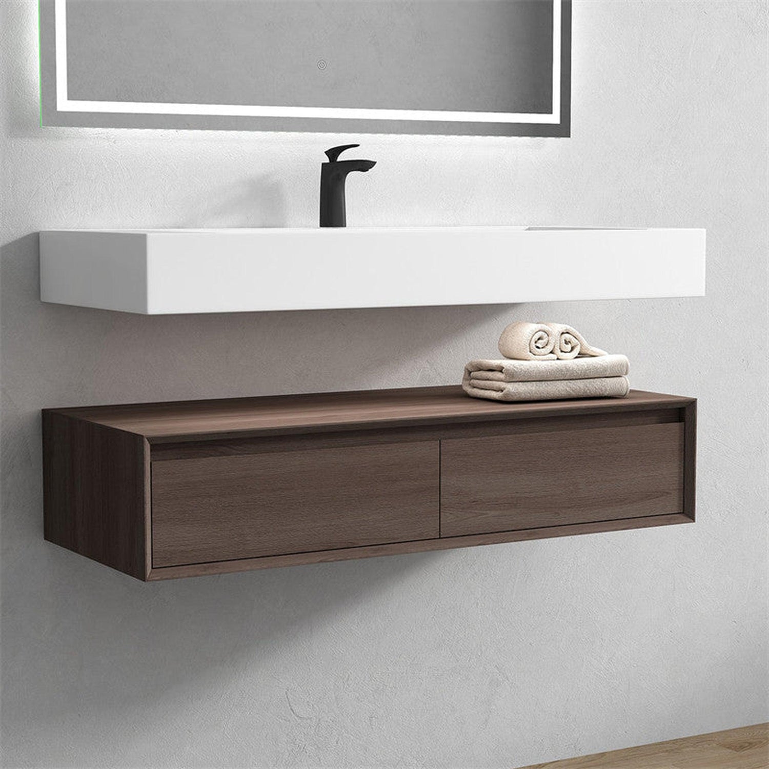 Aria 60&quot; Red Oak Floating Vanity With Single Faucet Hole and Reinforced White Acrylic Sink