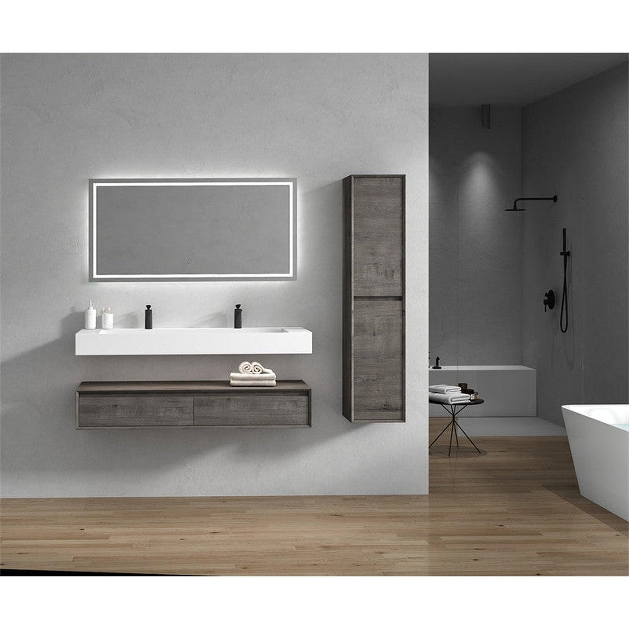 Aria 60&quot; Smoke Oak Floating Vanity With Double Faucet Holes and Reinforced White Acrylic Sink