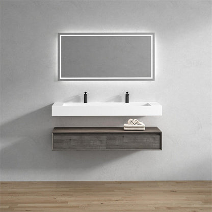 Aria 60&quot; Smoke Oak Floating Vanity With Double Faucet Holes and Reinforced White Acrylic Sink