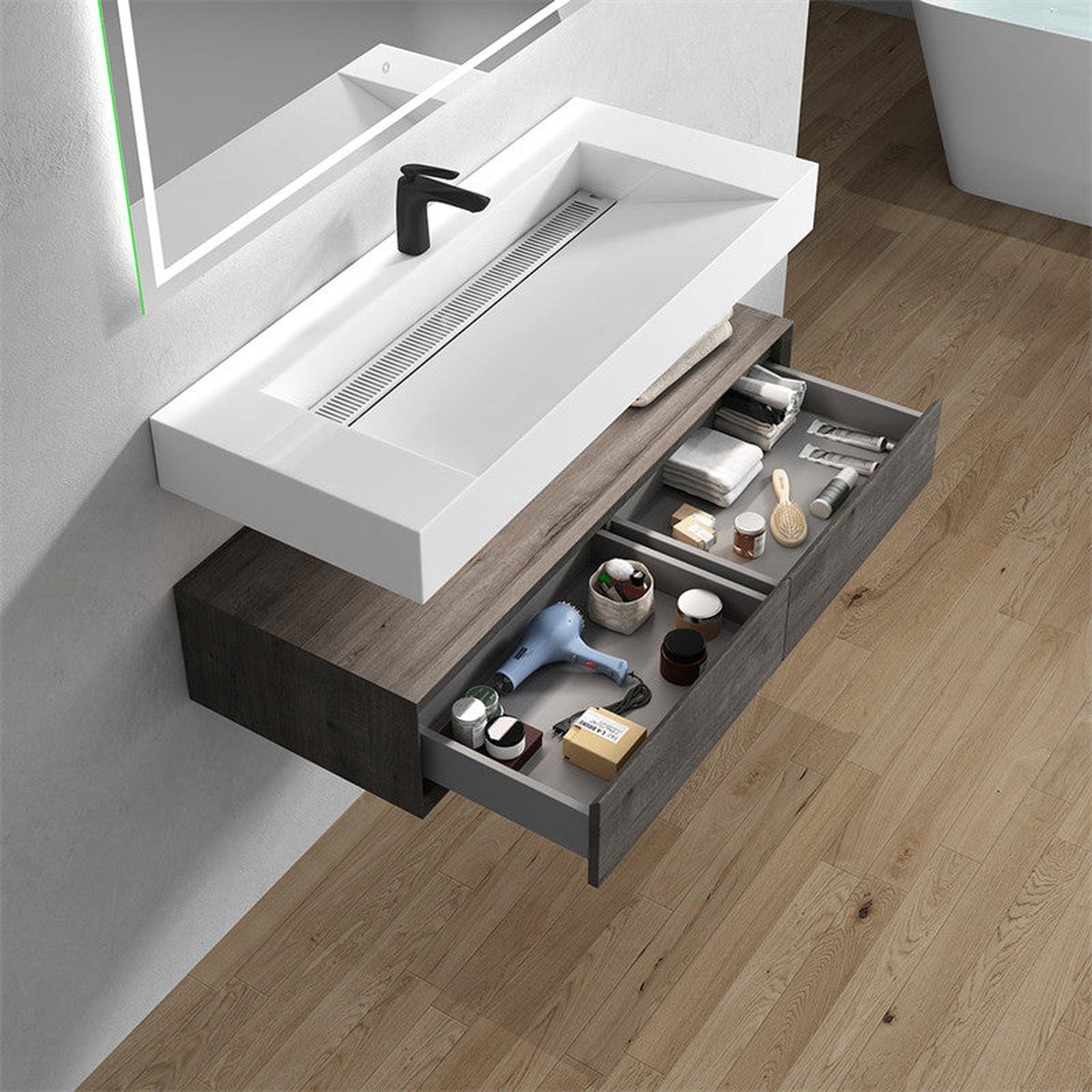 Aria 60&quot; Smoke Oak Floating Vanity With Single Faucet Hole and Reinforced White Acrylic Sink