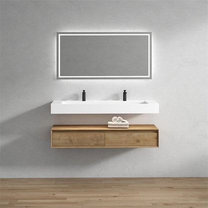 Aria 60&quot; White Oak Floating Vanity With Double Faucet Holes and Reinforced White Acrylic Sink