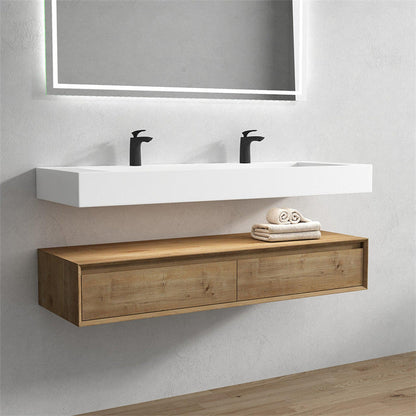 Aria 60&quot; White Oak Floating Vanity With Double Faucet Holes and Reinforced White Acrylic Sink