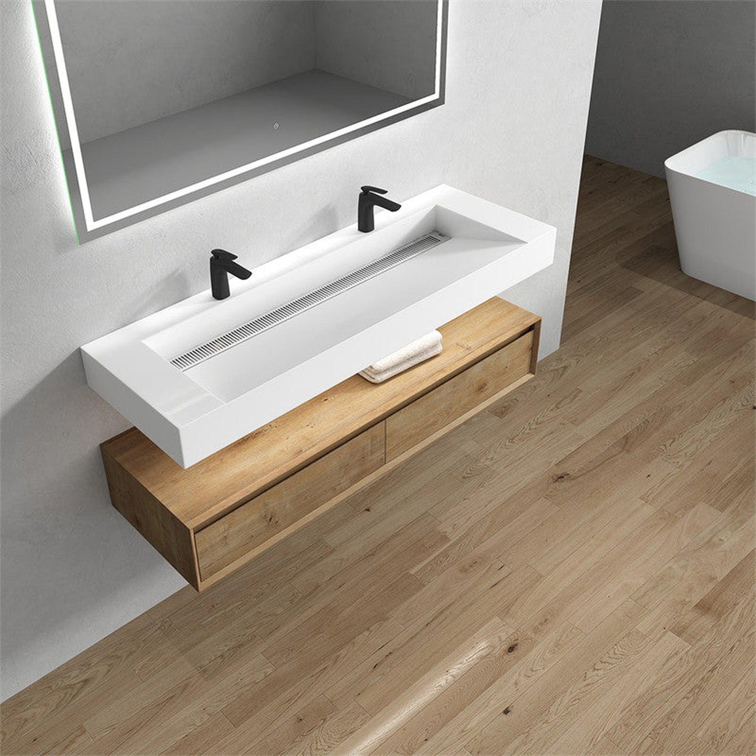 Aria 60&quot; White Oak Floating Vanity With Double Faucet Holes and Reinforced White Acrylic Sink