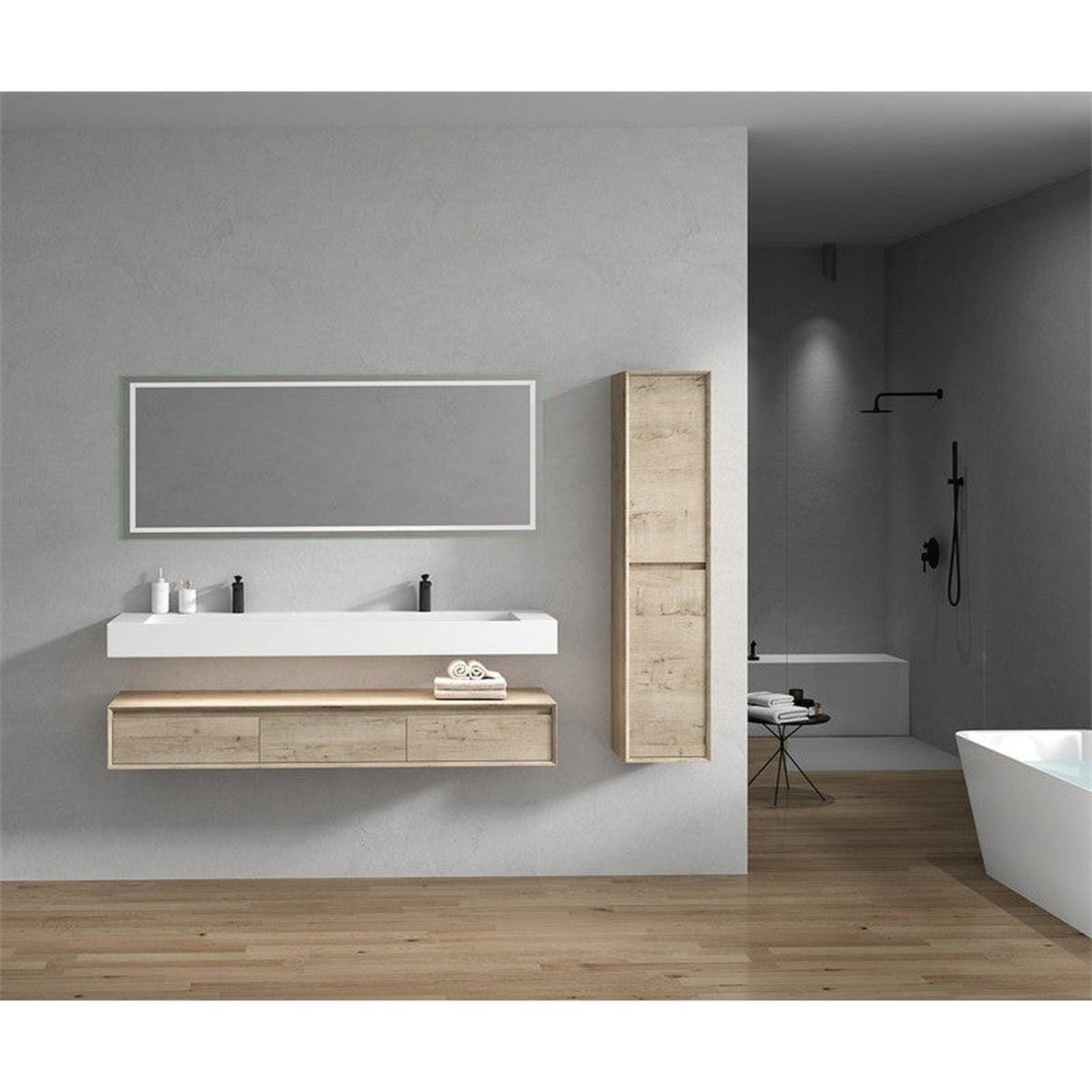 Aria 72&quot; Light Oak Floating Vanity With Double Faucet Holes and Reinforced White Acrylic Sink