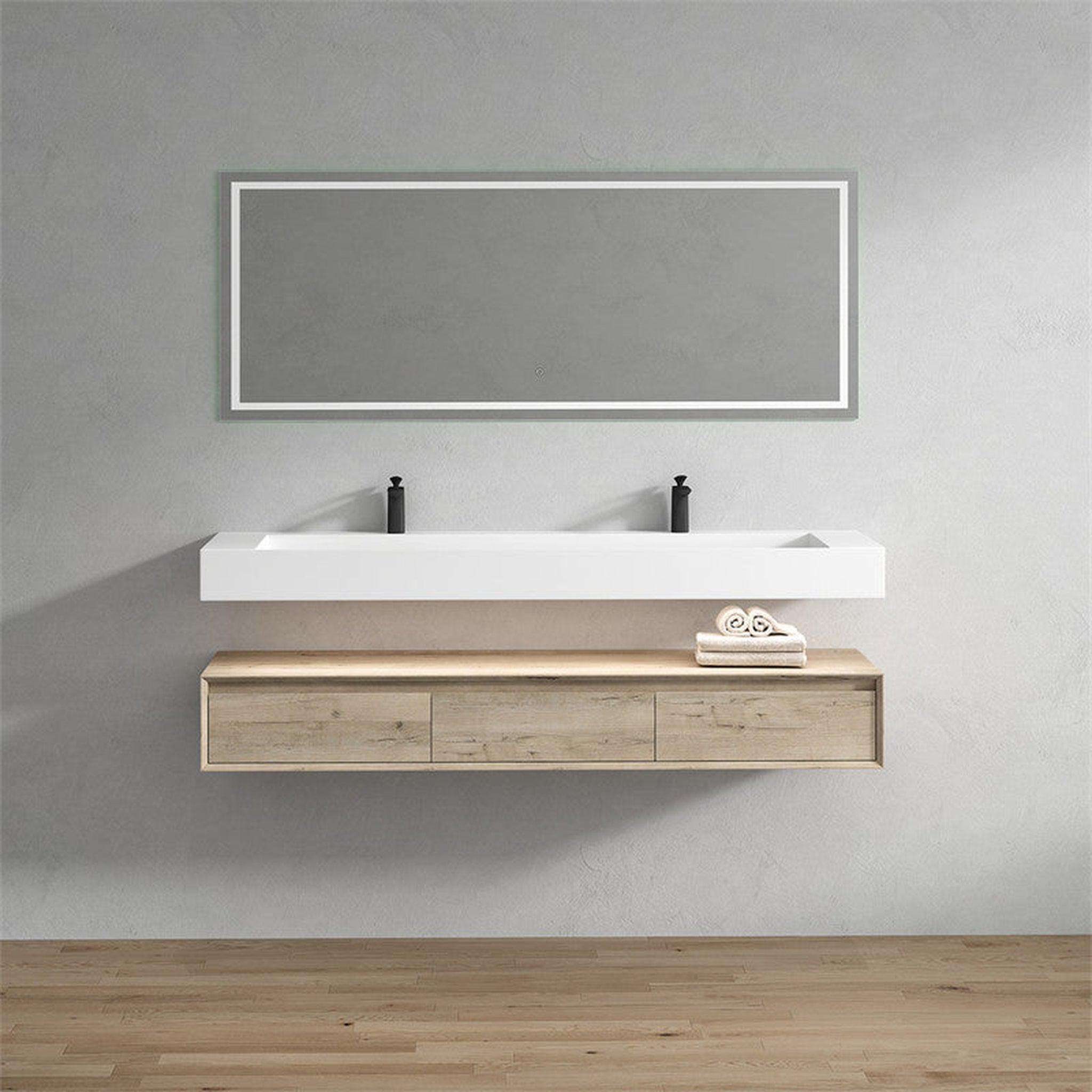 Aria 72&quot; Light Oak Floating Vanity With Double Faucet Holes and Reinforced White Acrylic Sink