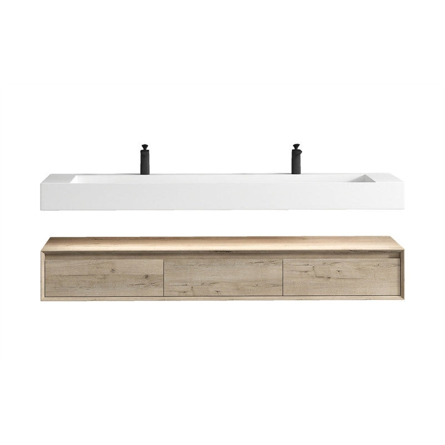 Aria 72&quot; Light Oak Floating Vanity With Double Faucet Holes and Reinforced White Acrylic Sink