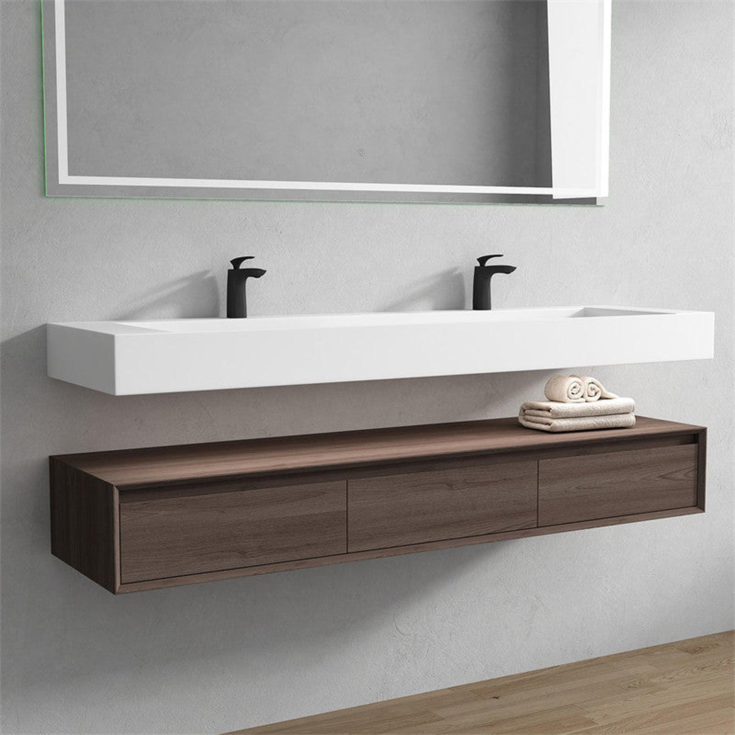 Aria 72&quot; Red Oak Floating Vanity With Double Faucet Holes and Reinforced White Acrylic Sink