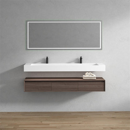 Aria 72&quot; Red Oak Floating Vanity With Double Faucet Holes and Reinforced White Acrylic Sink