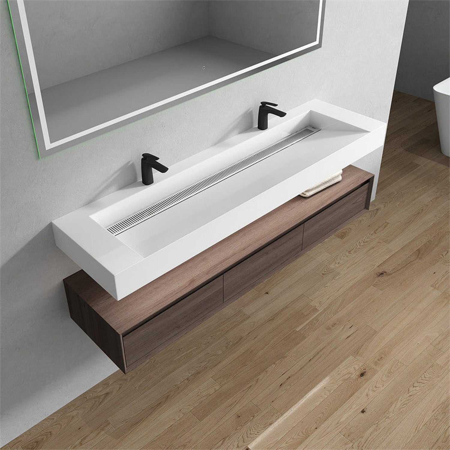 Aria 72&quot; Red Oak Floating Vanity With Double Faucet Holes and Reinforced White Acrylic Sink