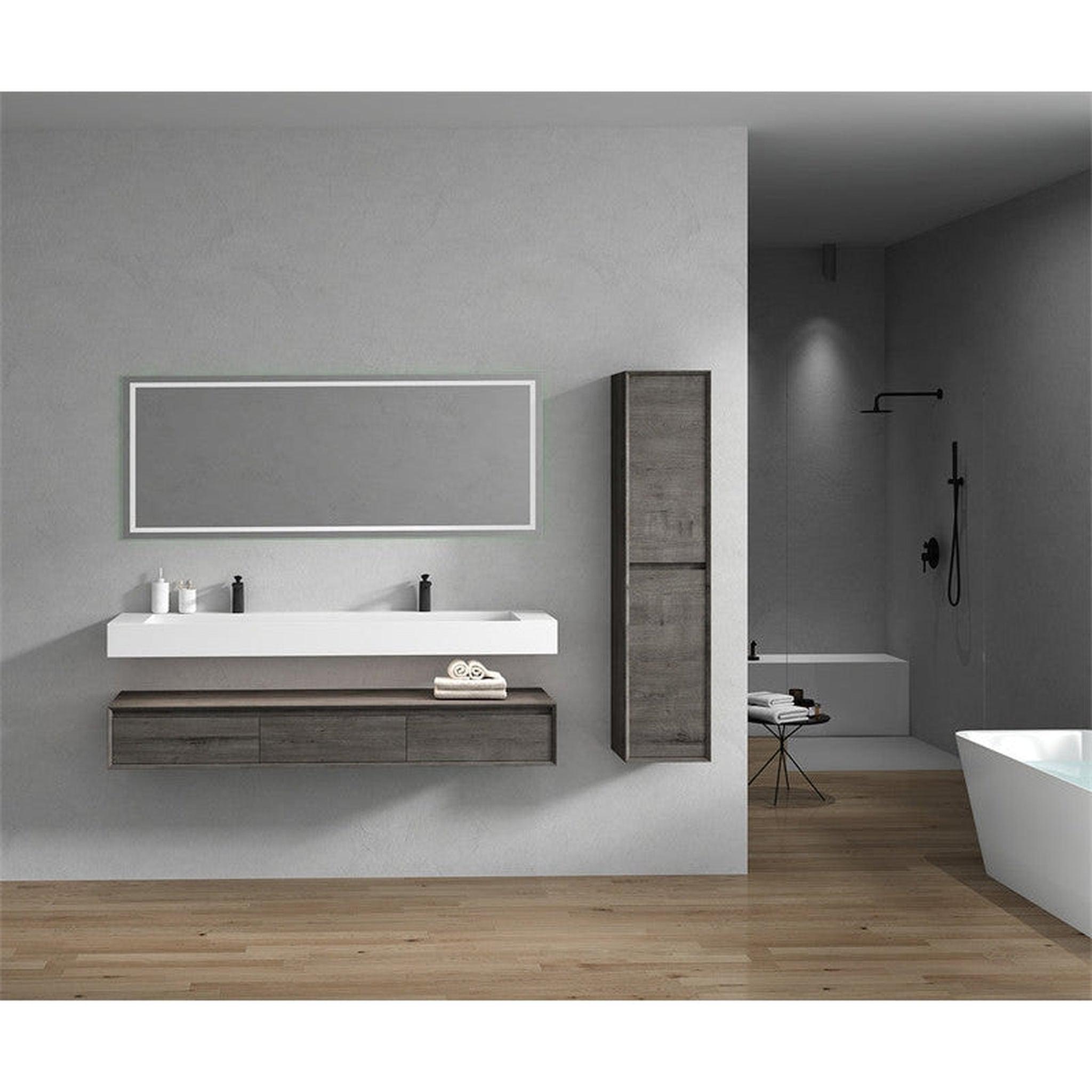 Aria 72&quot; Smoke Oak Floating Vanity With Double Faucet Holes and Reinforced White Acrylic Sink