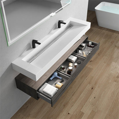 Aria 72&quot; Smoke Oak Floating Vanity With Double Faucet Holes and Reinforced White Acrylic Sink