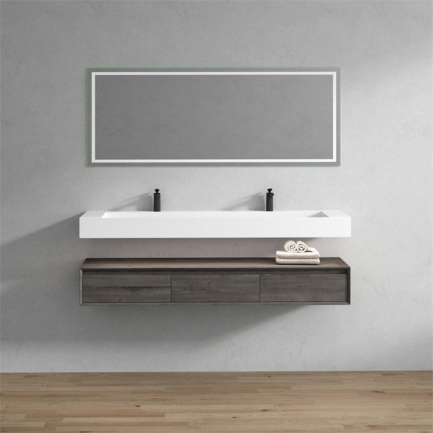 Aria 72&quot; Smoke Oak Floating Vanity With Double Faucet Holes and Reinforced White Acrylic Sink