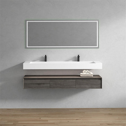 Aria 72&quot; Smoke Oak Floating Vanity With Double Faucet Holes and Reinforced White Acrylic Sink