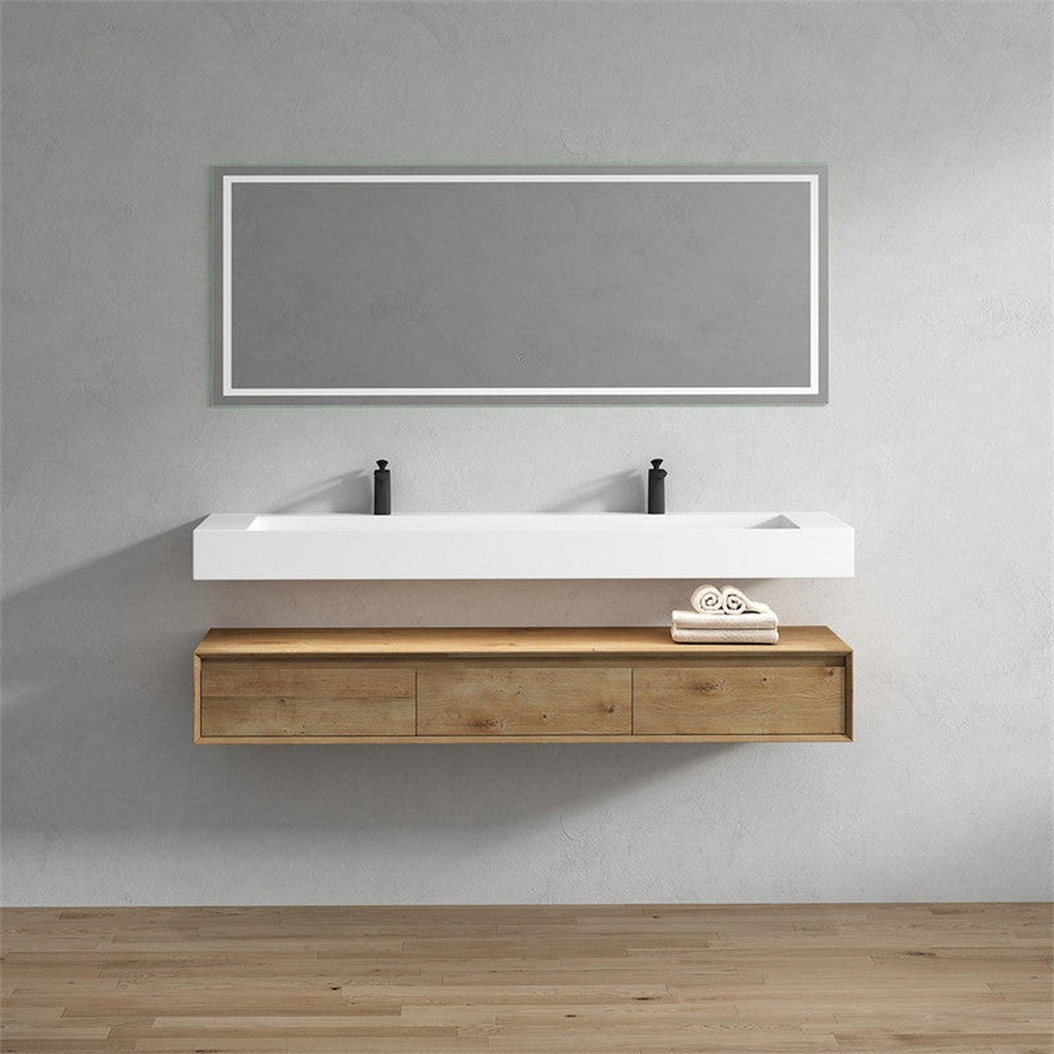 Aria 72&quot; White Oak Floating Vanity With Double Faucet Holes and Reinforced White Acrylic Sink