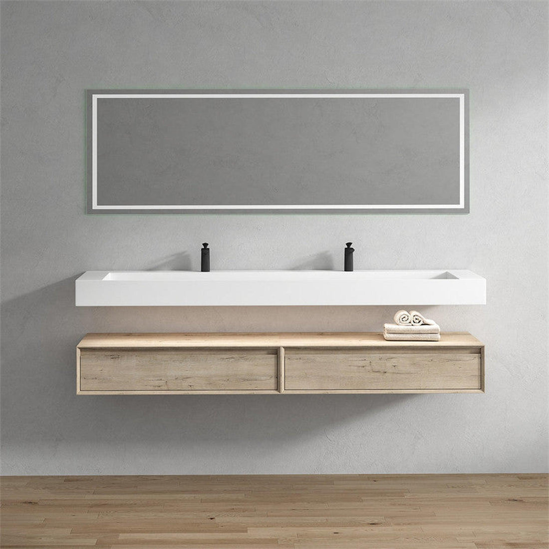 Aria 84&quot; Light Oak Floating Vanity With Double Faucet Holes and Reinforced White Acrylic Sink