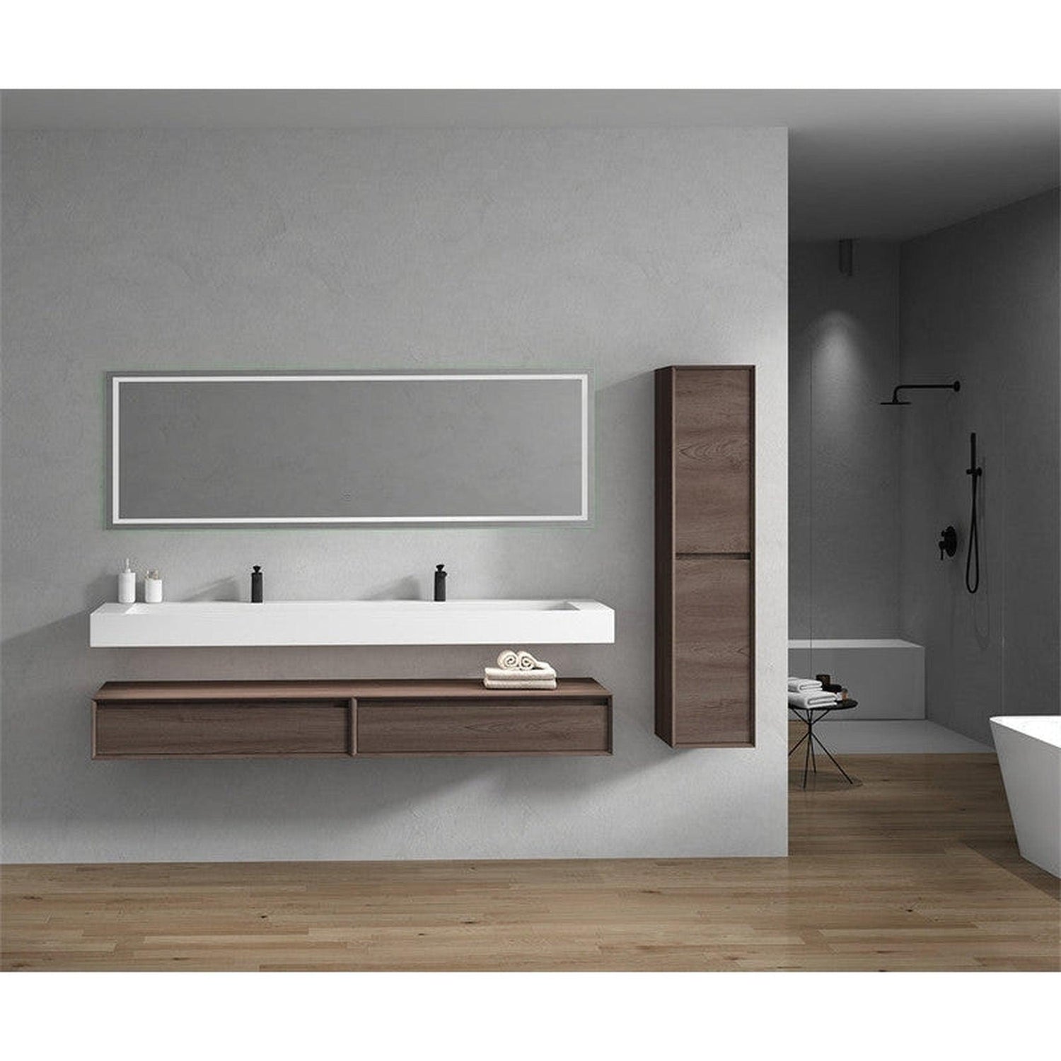 Aria 84&quot; Red Oak Floating Vanity With Double Faucet Holes and Reinforced White Acrylic Sink