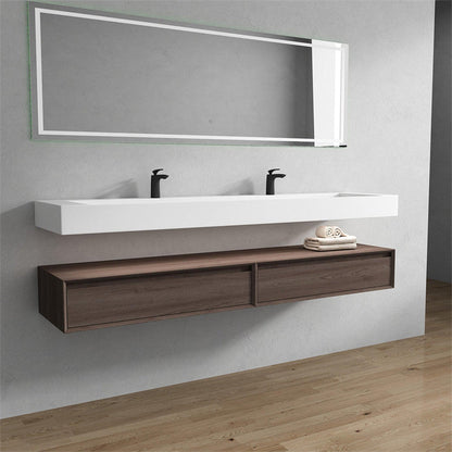 Aria 84&quot; Red Oak Floating Vanity With Double Faucet Holes and Reinforced White Acrylic Sink