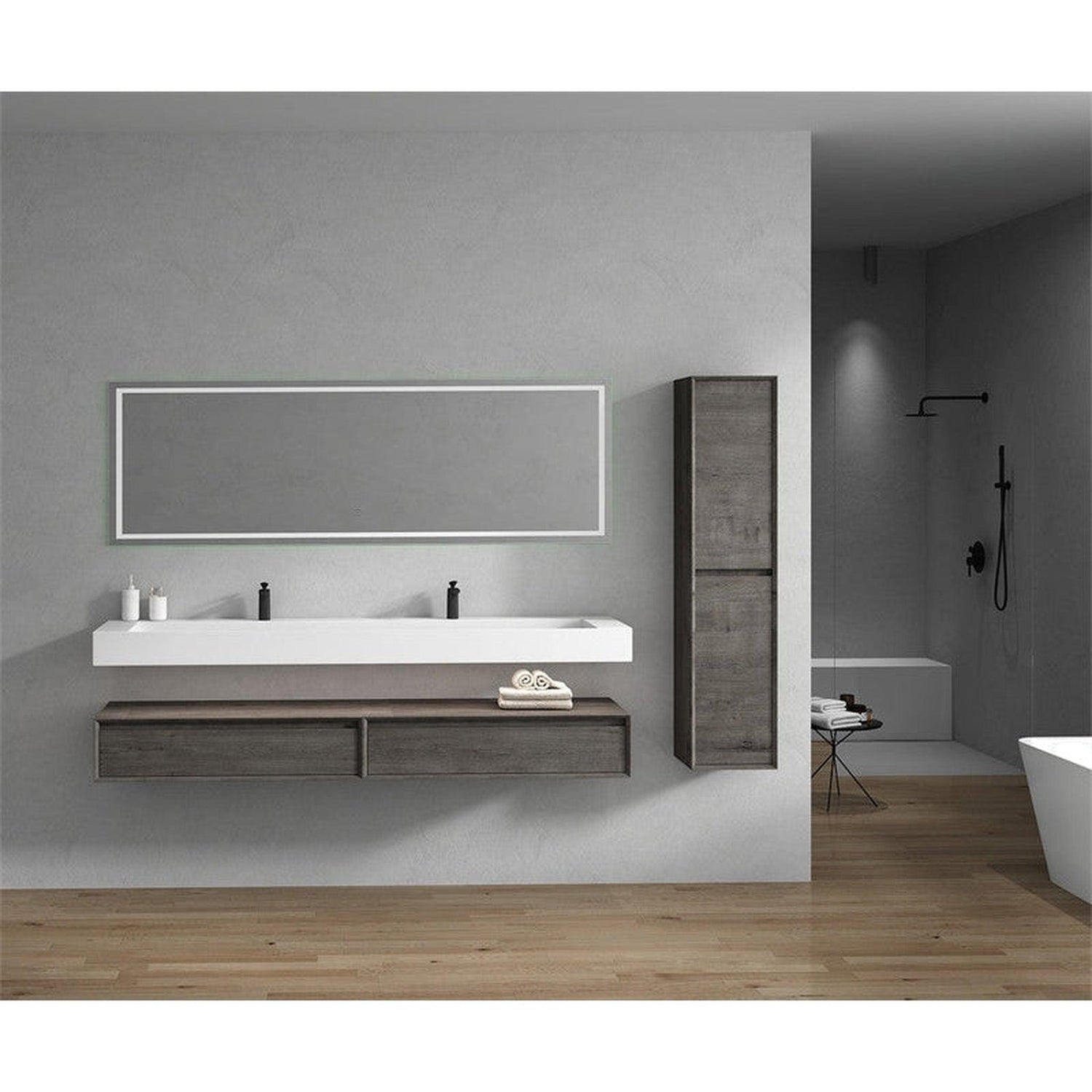 Aria 84&quot; Smoke Oak Floating Vanity With Double Faucet Holes and Reinforced White Acrylic Sink