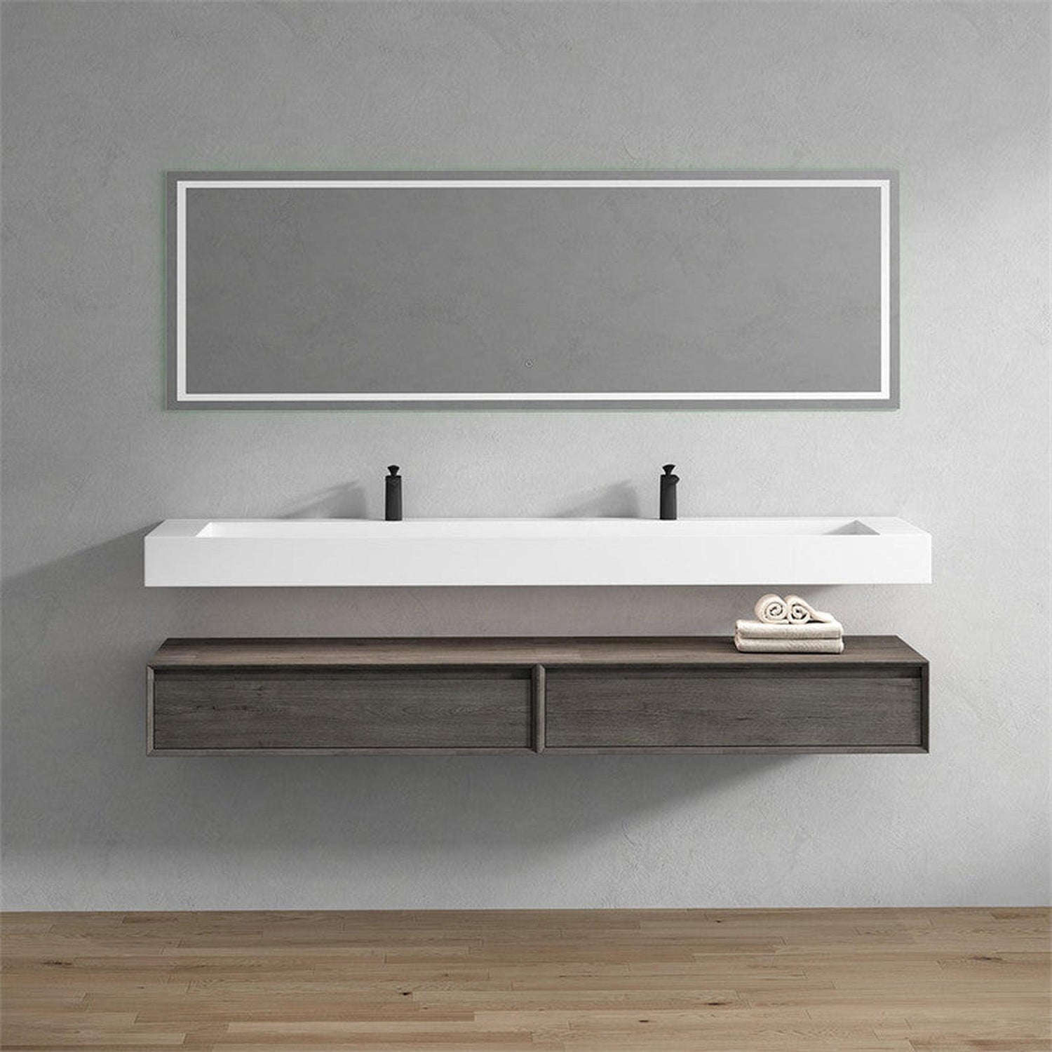 Aria 84&quot; Smoke Oak Floating Vanity With Double Faucet Holes and Reinforced White Acrylic Sink