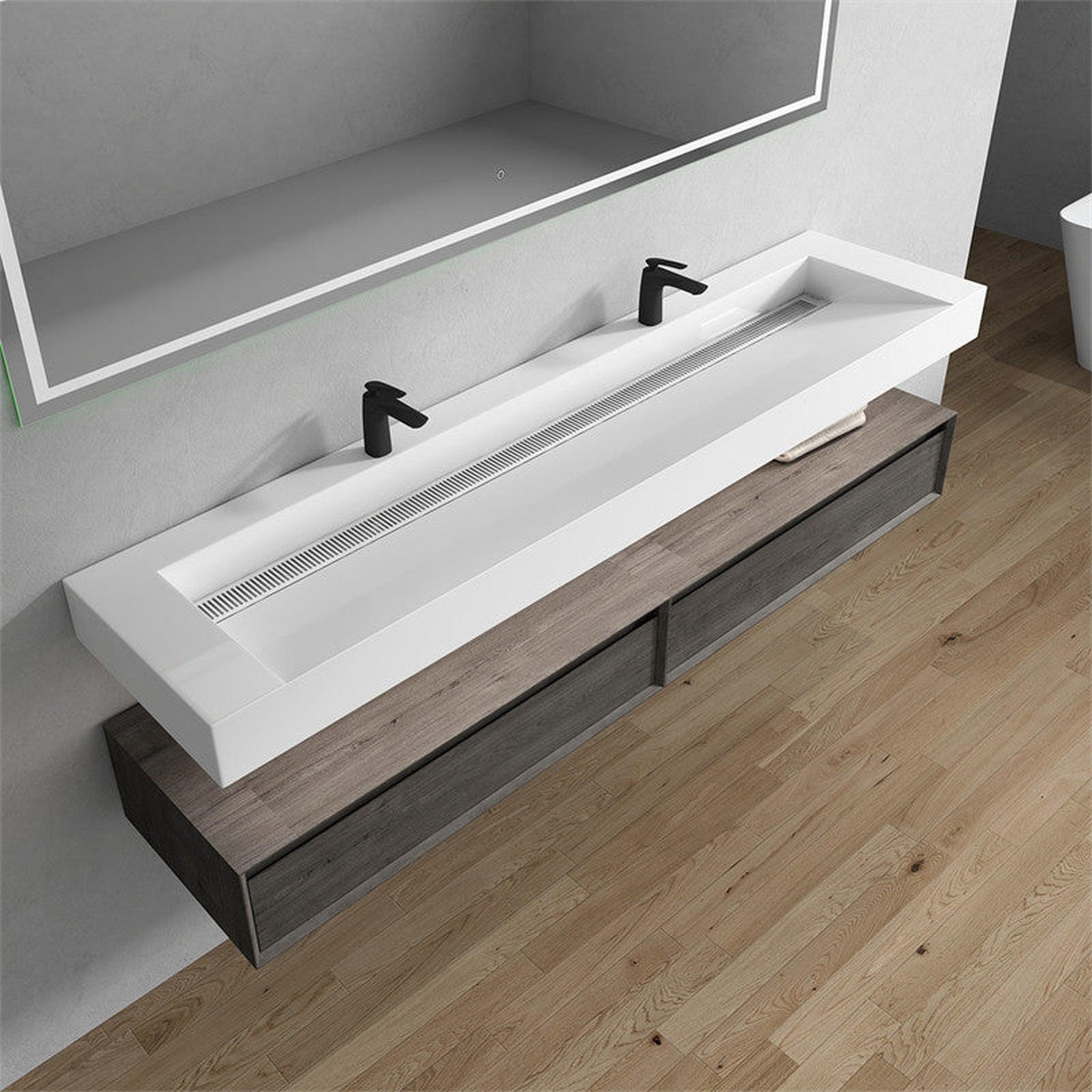 Aria 84&quot; Smoke Oak Floating Vanity With Double Faucet Holes and Reinforced White Acrylic Sink