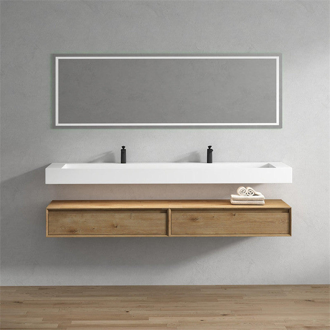 Aria 84&quot; White Oak Floating Vanity With Double Faucet Holes and Reinforced White Acrylic Sink