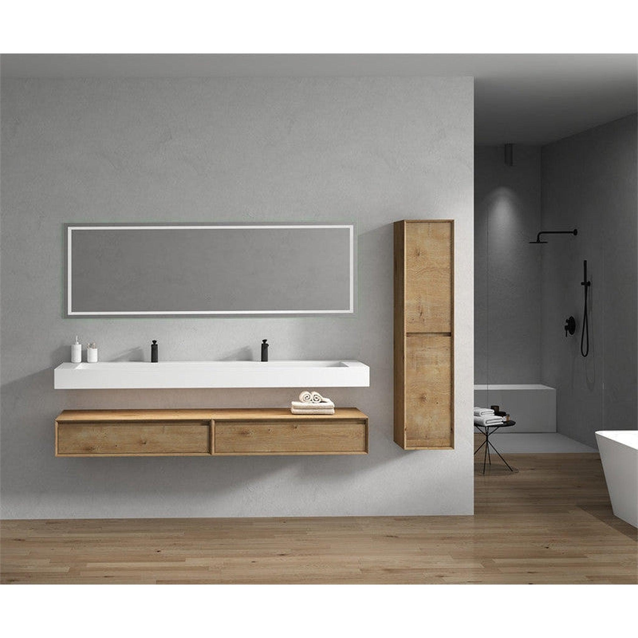 Aria 84&quot; White Oak Floating Vanity With Double Faucet Holes and Reinforced White Acrylic Sink