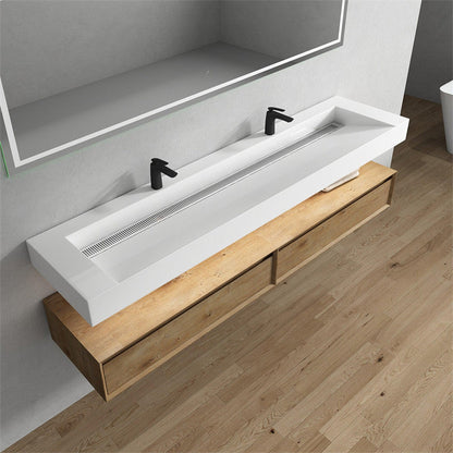 Aria 84&quot; White Oak Floating Vanity With Double Faucet Holes and Reinforced White Acrylic Sink