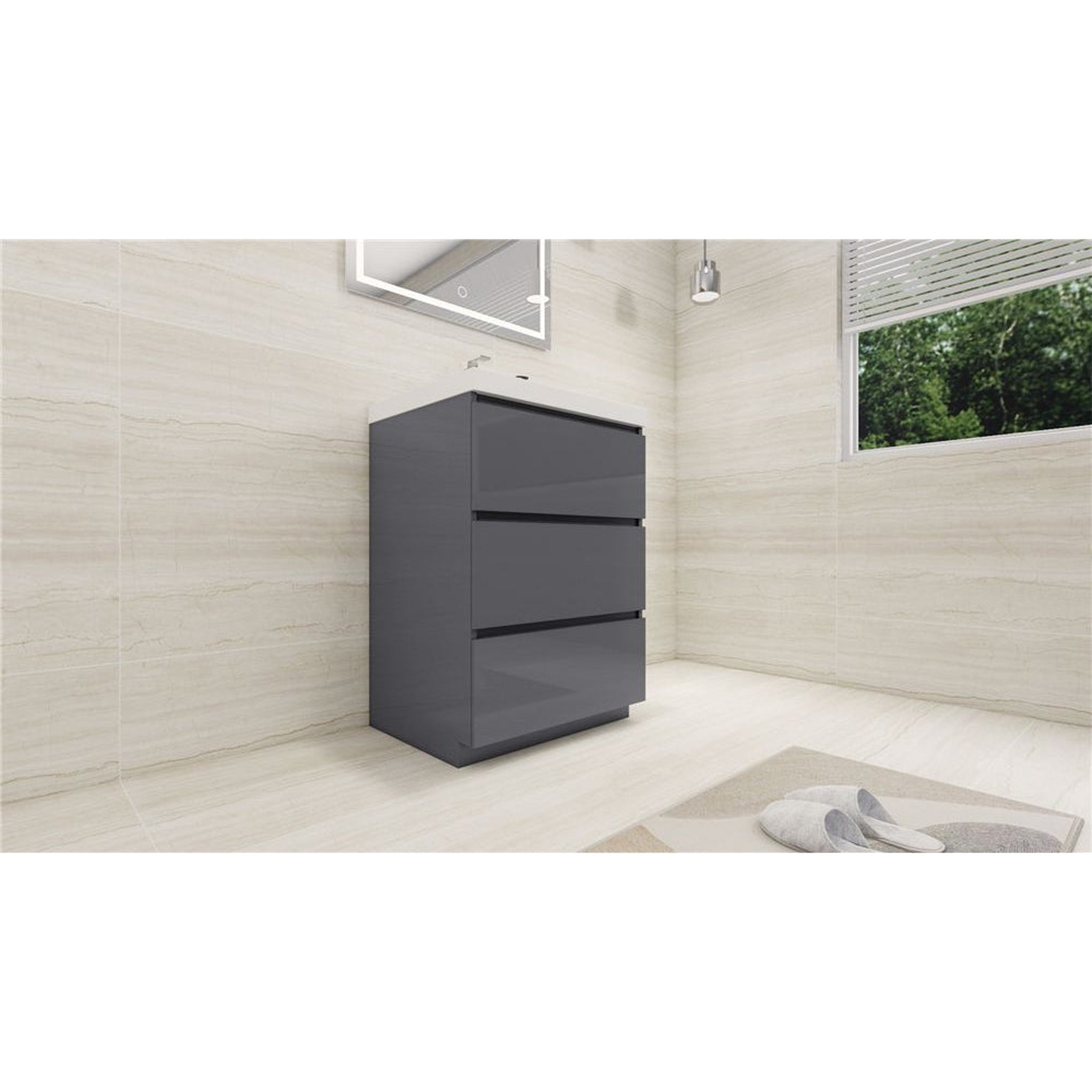 Elysian 24&quot; High Gloss Gray Freestanding Vanity With Single Reinforced White Acrylic Sink