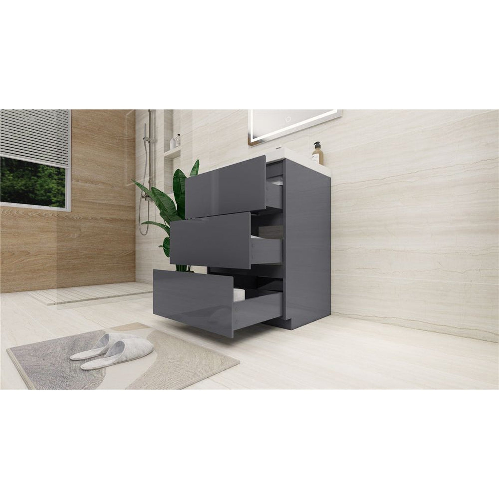 Elysian 24&quot; High Gloss Gray Freestanding Vanity With Single Reinforced White Acrylic Sink