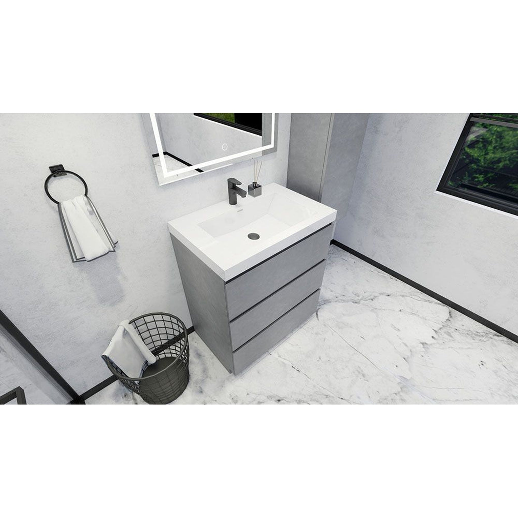 Elysian 30&quot; Cement Gray Freestanding Vanity With Single Reinforced White Acrylic Sink