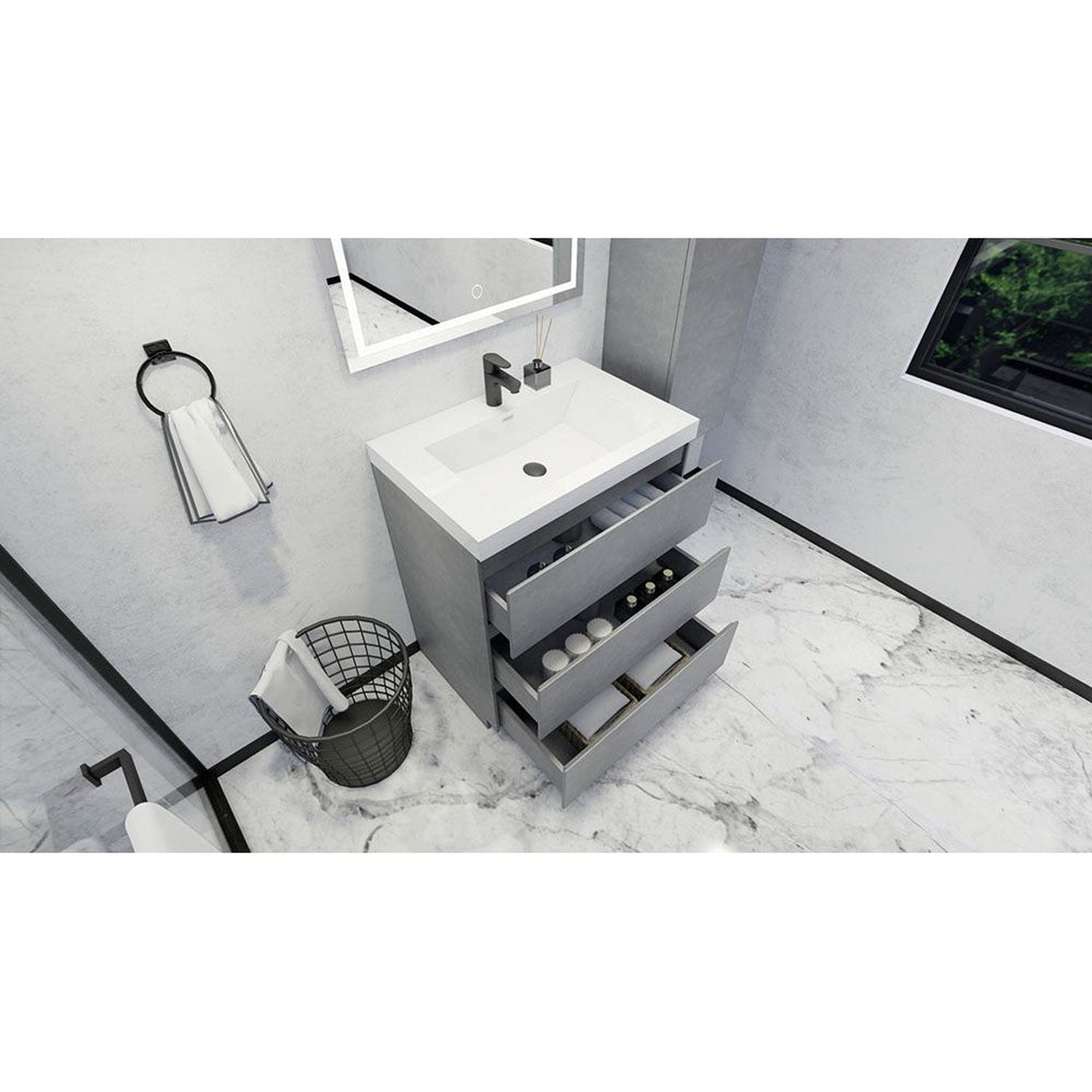 Elysian 30&quot; Cement Gray Freestanding Vanity With Single Reinforced White Acrylic Sink