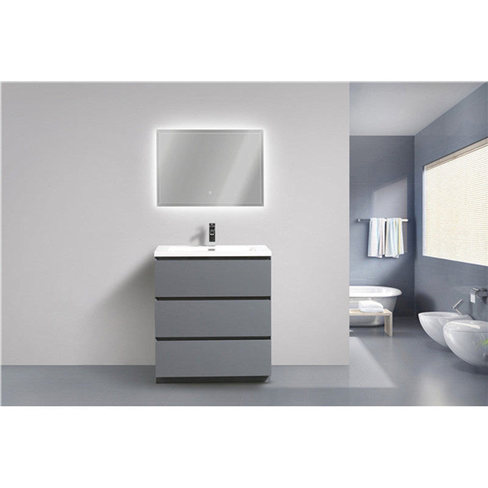 Elysian 30&quot; High Gloss Gray Freestanding Vanity With Single Reinforced White Acrylic Sink