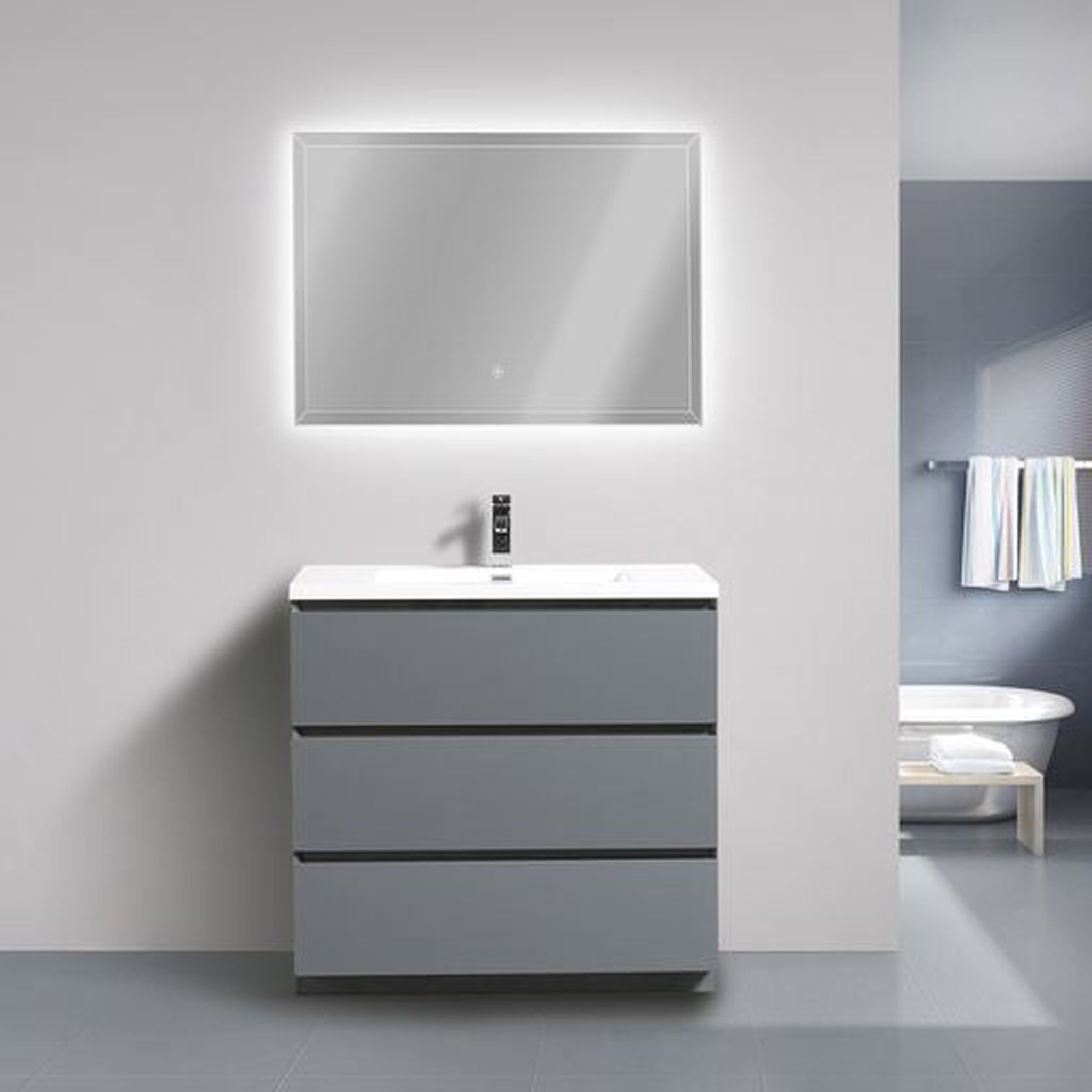 Elysian 36&quot; High Gloss Gray Freestanding Vanity With Single Reinforced White Acrylic Sink